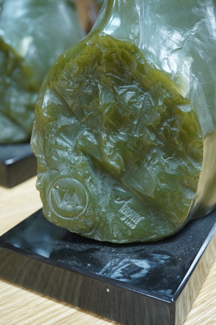 Two Austin V&A sculptures, simulated jade horses ornaments, 32cm high